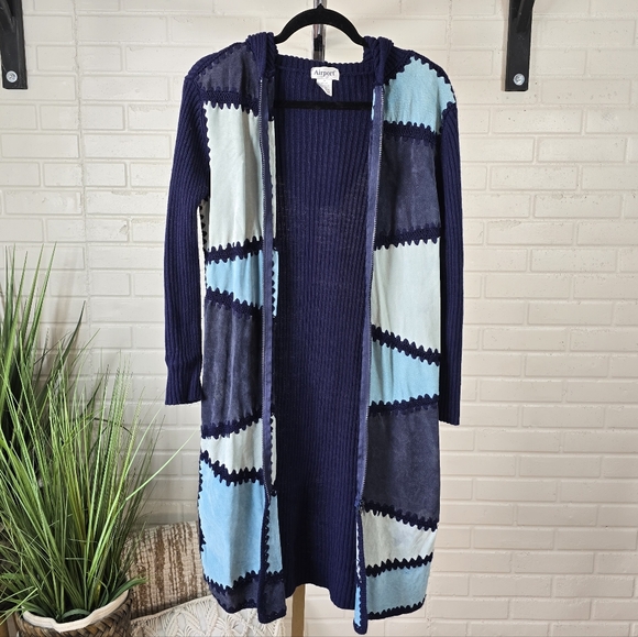 Vintage Airport Blue Suede Patchwork Knit Long Cardigan Medium - Picture 9 of 11